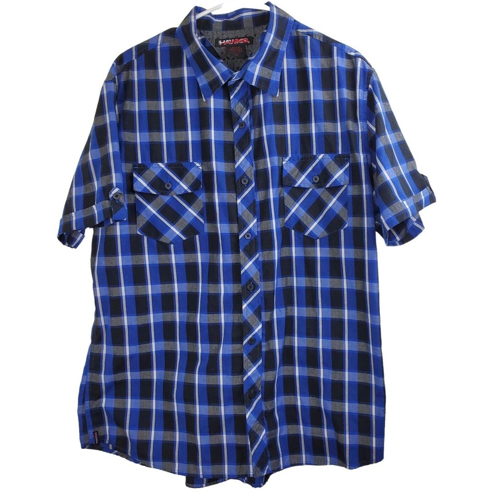 Tony Hawk Men’s Blue Black Short Sleeve Button Up Plaid Shirt, Size XXL